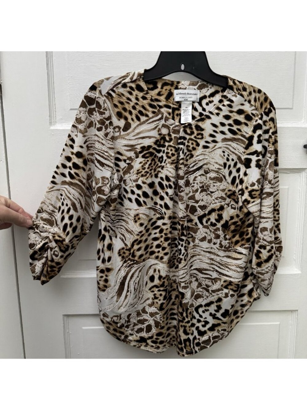 Alfred Dunner Petite S Leopard Zebra Animal Print Puff Paint 3/4 Sleeve Top